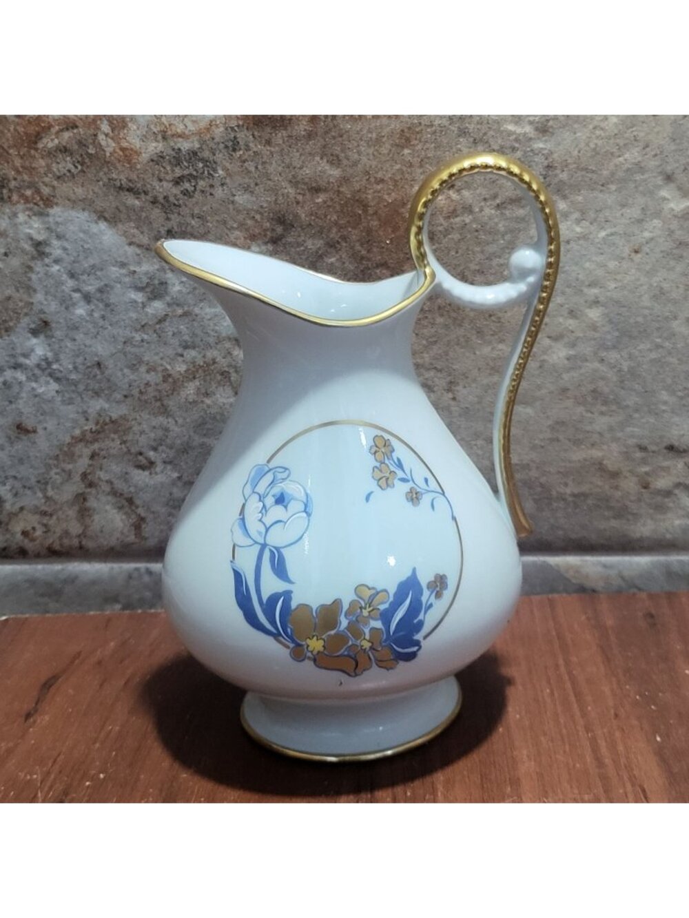 Vintage Limoges Porcelain Jug Castel France Hummelwerk White Blue Gold Pitcher 7